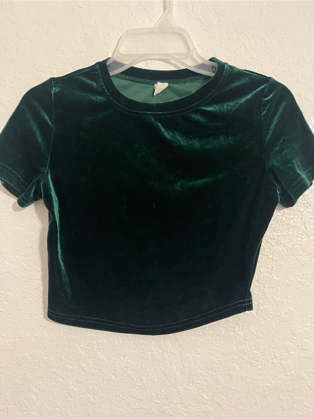 Women Velvet Dark Green Short Sleeve Crop Top Stretch Size S # 578